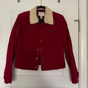 Burgundy corduroy jacket with fur collar